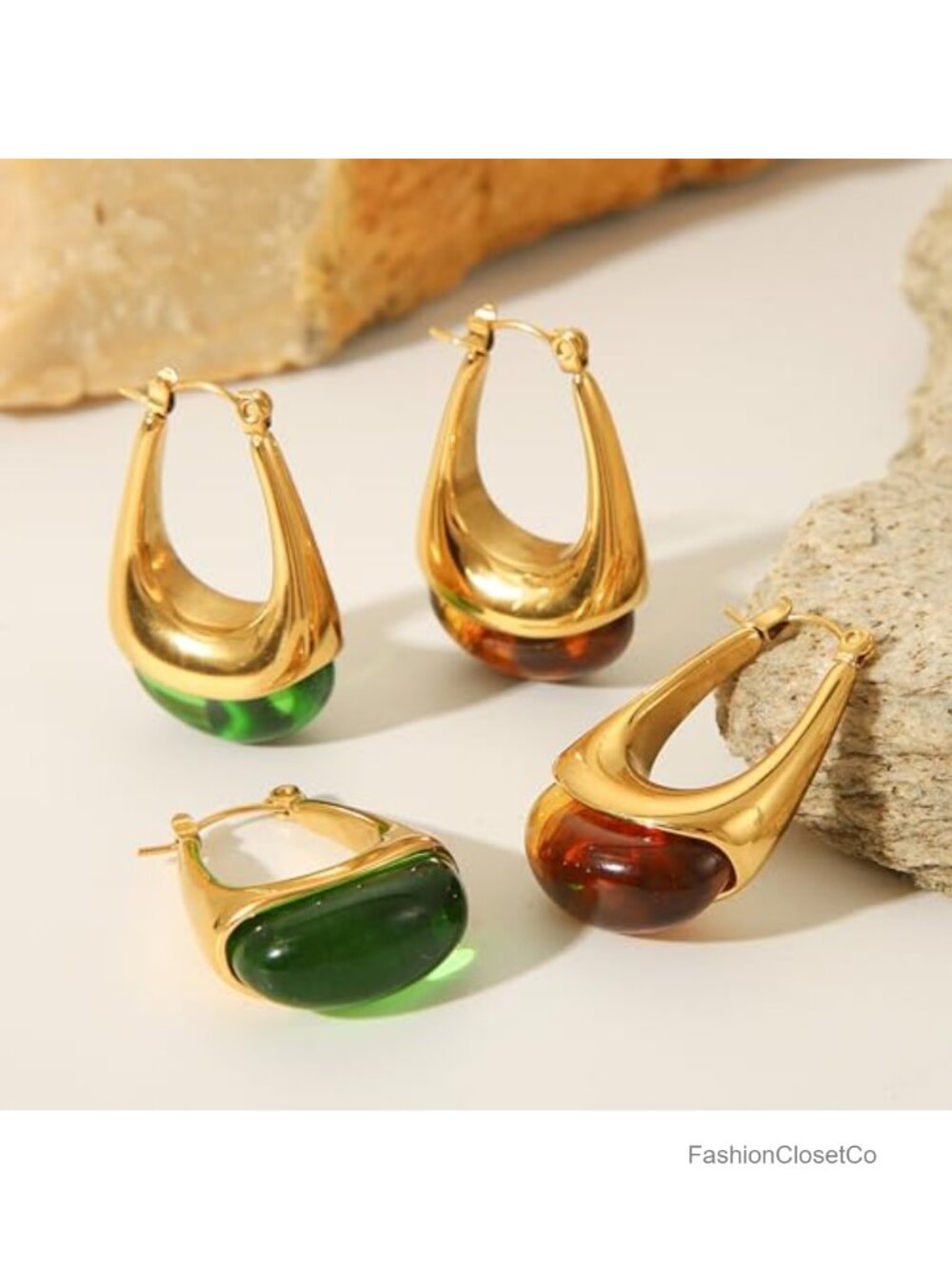 Gold Plated Chunky Hoop Dangle Earrings Stainless Steel Resin Drop - Picture 4 of 6
